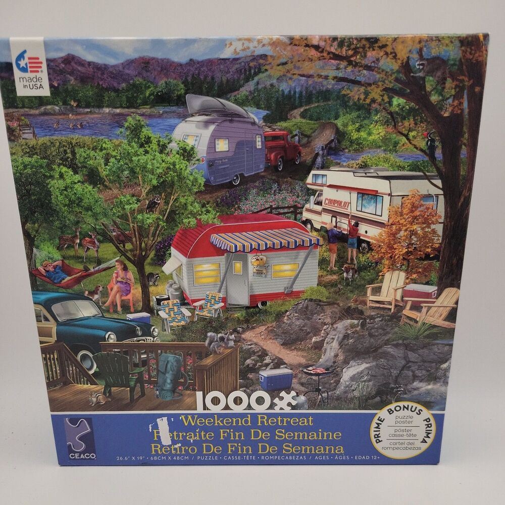 Ceaco Weekend Retreat Jigsaw Puzzle Camping 1000 Pieces 26.6x19 & Puzzle Poster